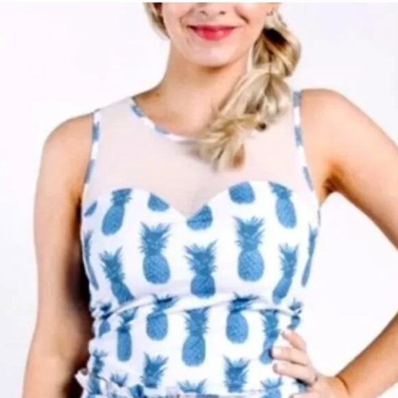 Kortni Jeane Tankini Pineapple Blue/White Mesh Sweetheart Swim Top Women Sz Med - Picture 1 of 6
